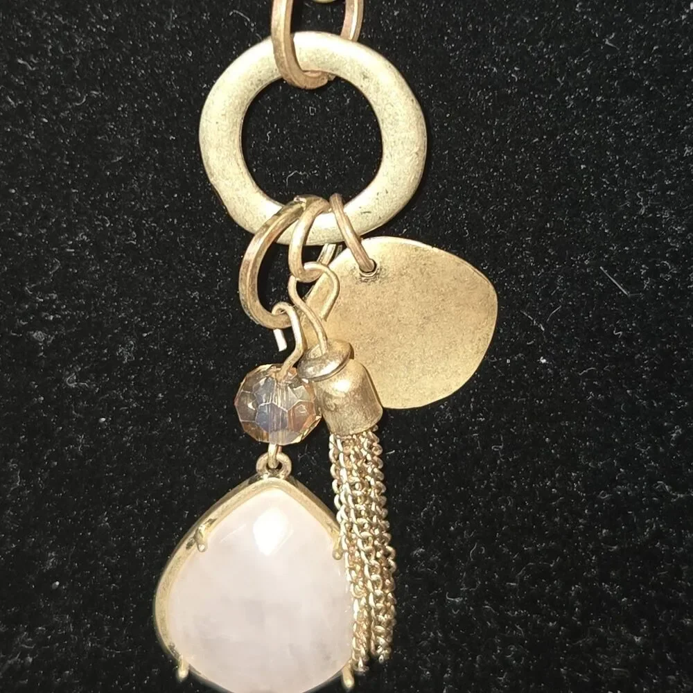 Rose Quartz & Gold Tone‎ Charms Pendant On A Multi Beaded Necklace Unmarked 34
